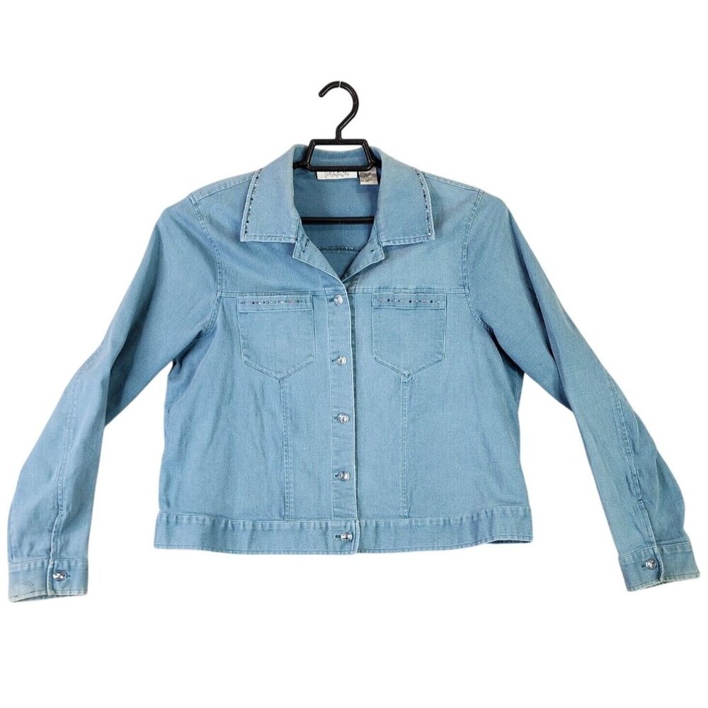 Womens Selene Sport Blue Denim Jacket Long Sleeve Rhinestones Accents Size 14